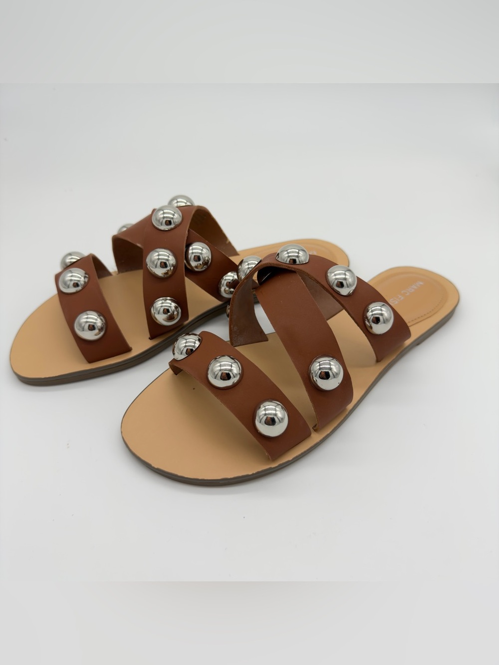 Marc Fisher Tan Brown Leather Slide Sandals with Silver Stud Accents